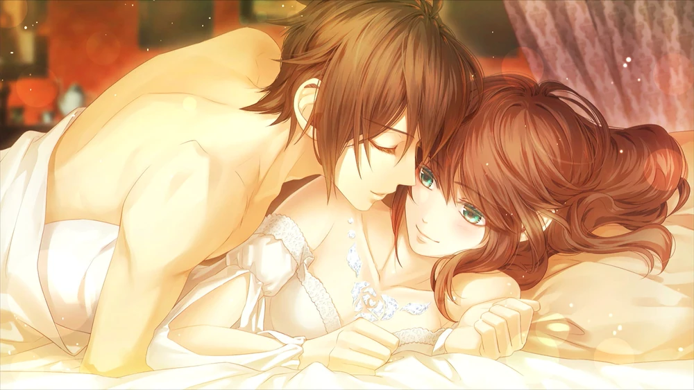 Lupin and Cardia in bed together. Cardia is on her side with Lupin slightly on top of her, kissing her cheek.