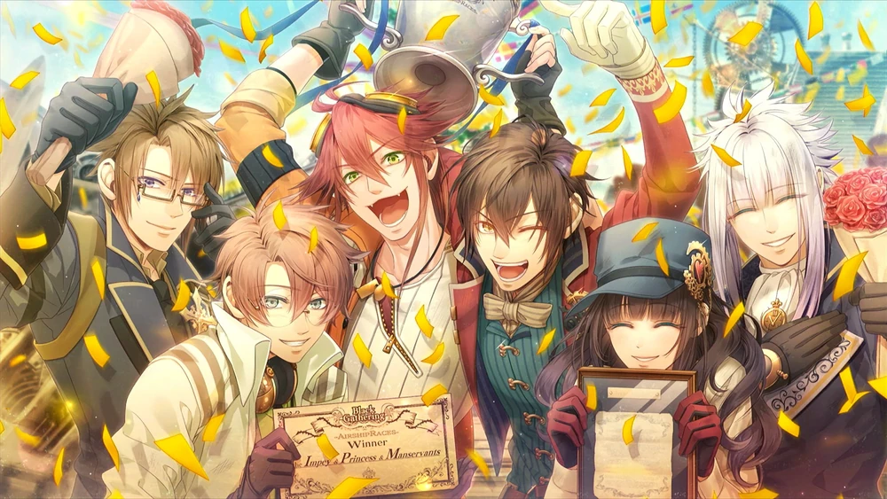 Illustration of all six main Code: Realize characters celebrating their win of a race.