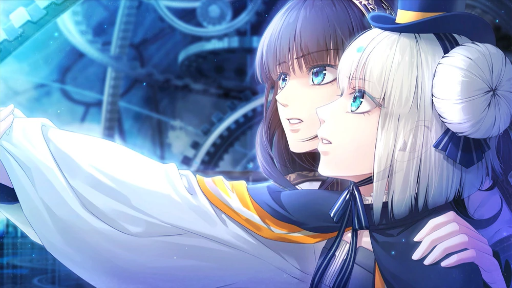 Cardia and Finis with their arms stretched out. Cardia has her hand around Finis's shoulder.