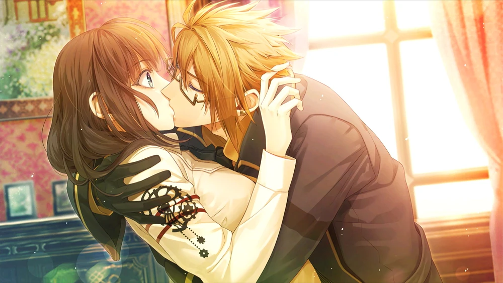 Van Helsing kissing Cardia with his arms wrapped around her shoulders. Cardia wears a slightly surprised expression with her eyes open.