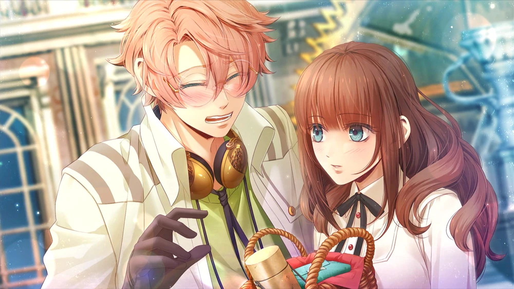 Victor blushing deeply as Cardia gives him a small smile. She is blushing slightly as well.