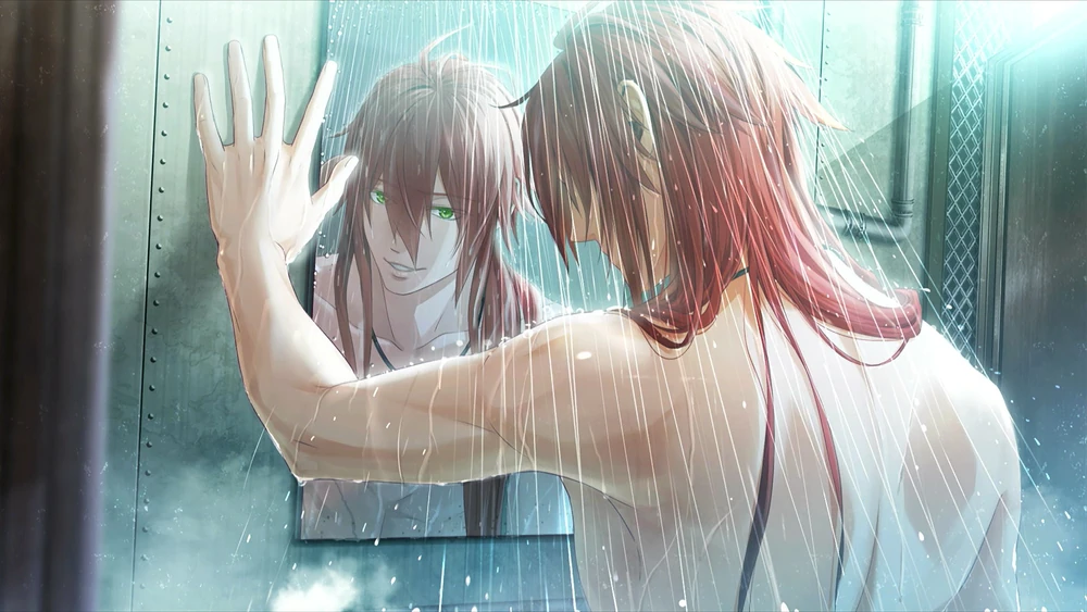 Impey in the shower with his hand on the wall next to a mirror. In the reflection, he is looking at the viewer with a smile.