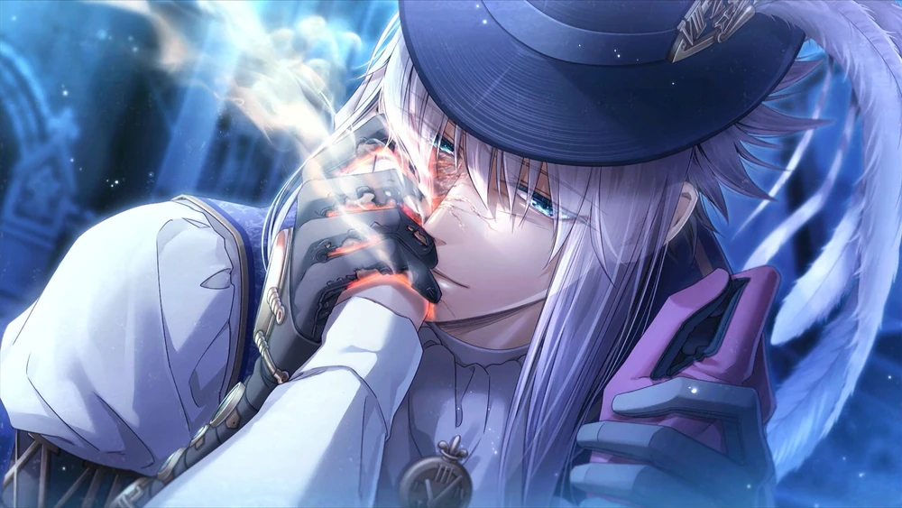 Cardia, from the viewer's perspective, touching Saint Germain's cheek while he grasps her hand. His skin is turning red and melting away slightly.