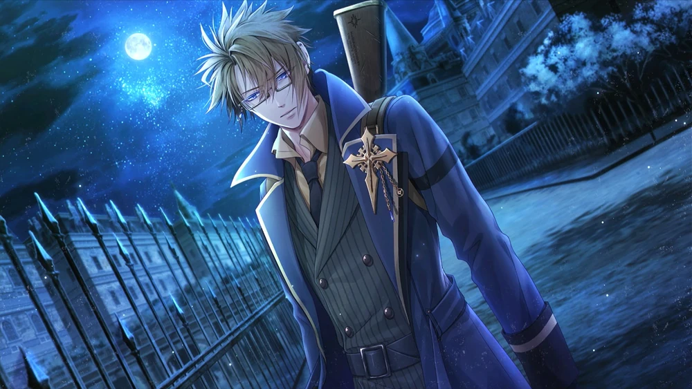 Abraham Van Helsing with a very distraught expression standing alone at night. A bright moon shines behind him.