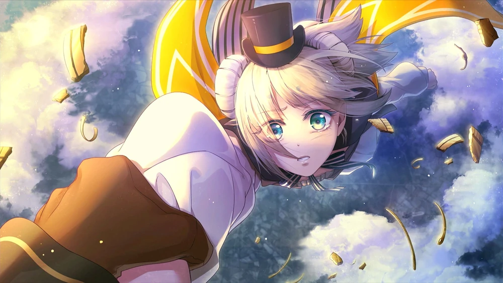 A distressed Finis dangling in the air from Cardia's hand.