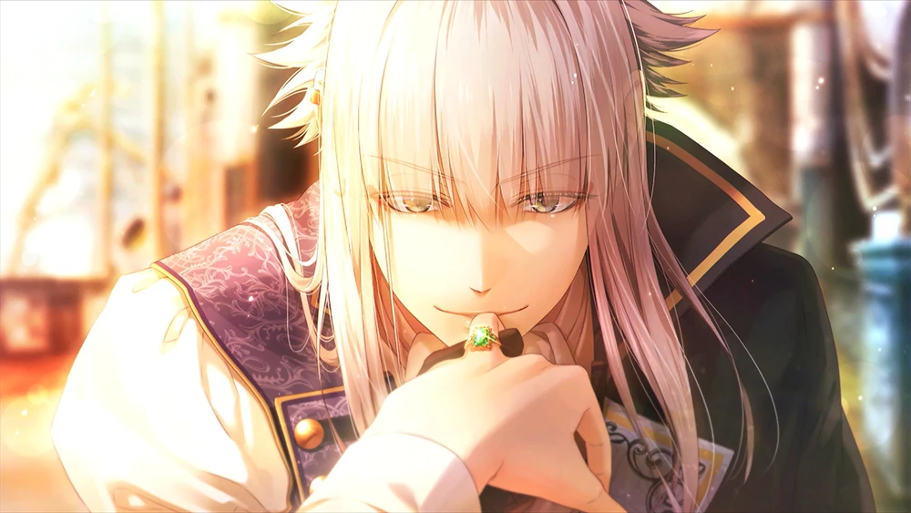 Saint-Germain kissing Cardia's ring finger, adorned with a green emerald engagement ring.