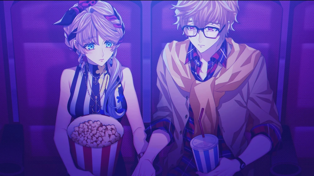 Gill Lovecraft holding hands with Lynette in a dark movie theater.