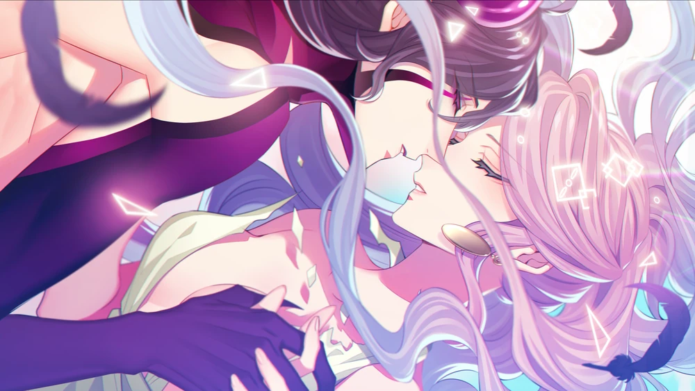 A close up image of Lynette in her goddess form and Allan in his demon form as they fall from Heaven.