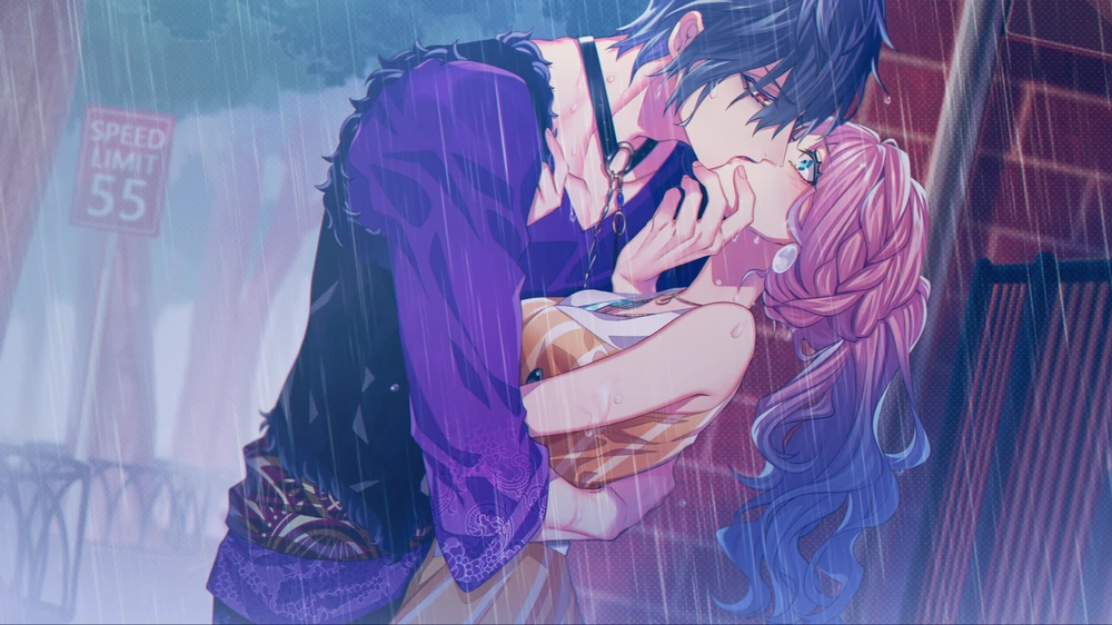 Allan and Lynette sharing an embrace and kiss in the rain.