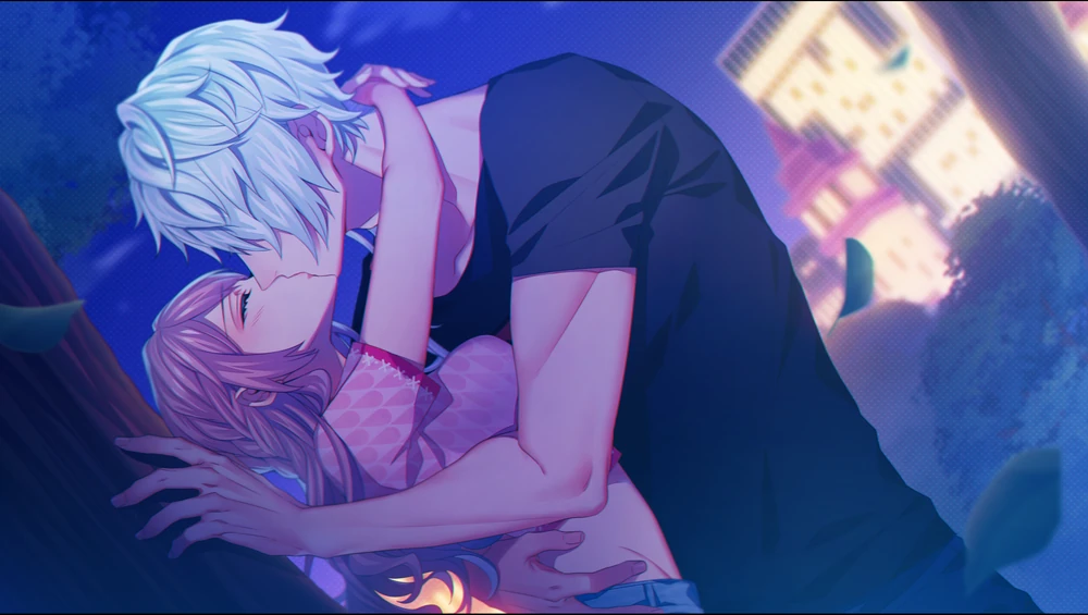 Lynette and Peter kissing under the shade of a tree.