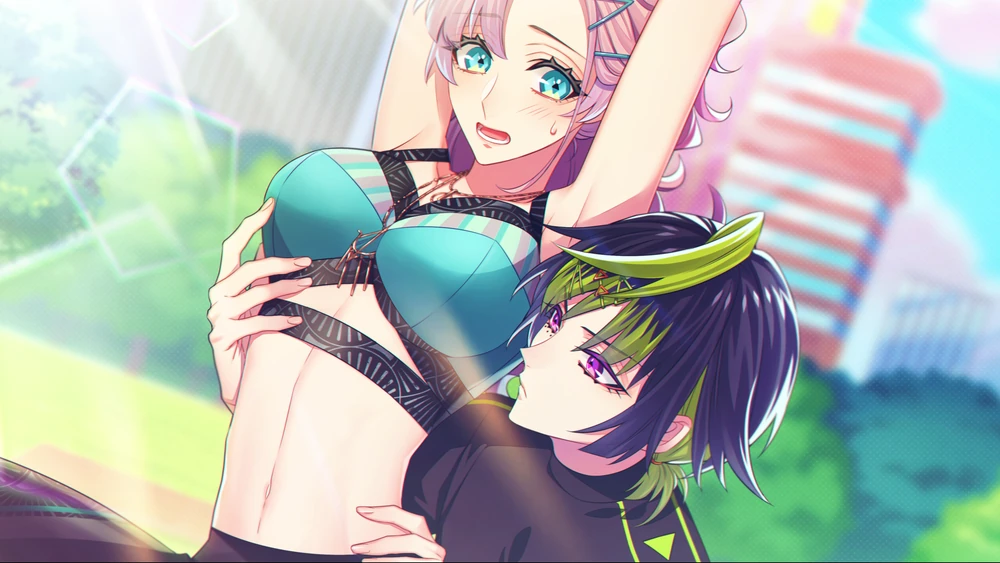 Ryuki and Lynette practicing yoga outside while Ryuki inspects her outfit.