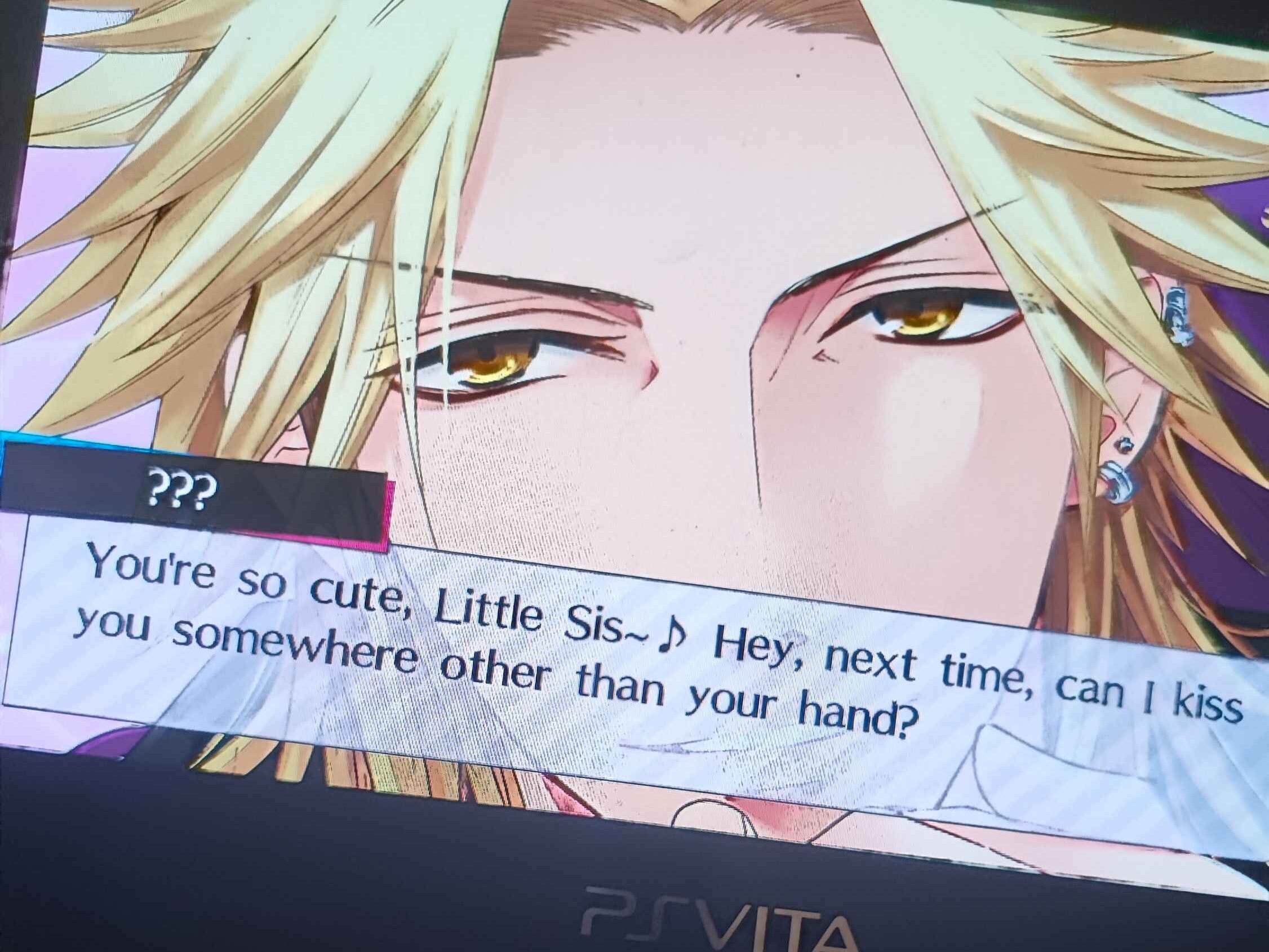 A hastily taken photo of the character Kaname in Brothers Conflict asking Ema if he can kiss her somewhere other than her hand.