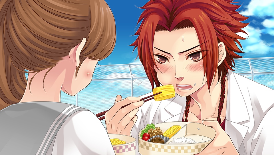 Yusuke blushing and sweating while he eats the meal Ema made for him.
