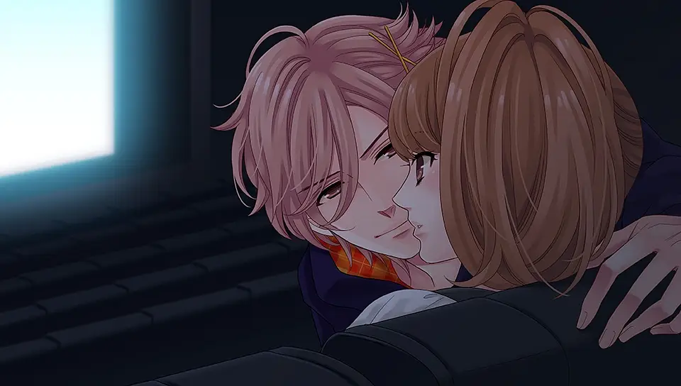 A notably more mature looking Fuuto sneaks a kiss from Ema in a movie theater.