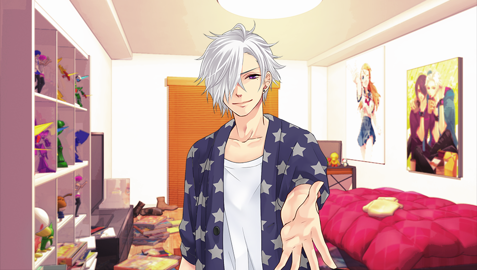 In-game screenshot of Tsubaki's room in Brothers Conflict. It's messy and full of figures and posters.