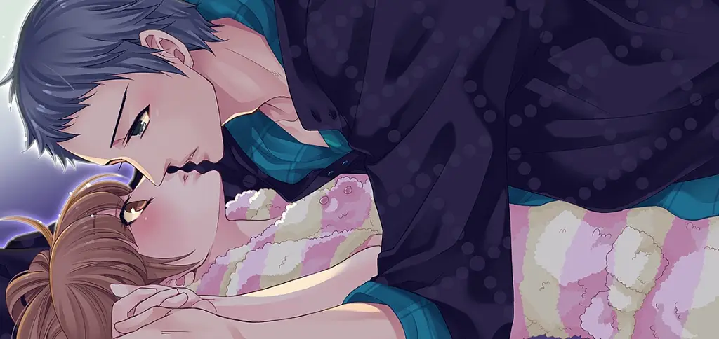 Subaru and Ema in their pajamas, almost kissing on the bed.