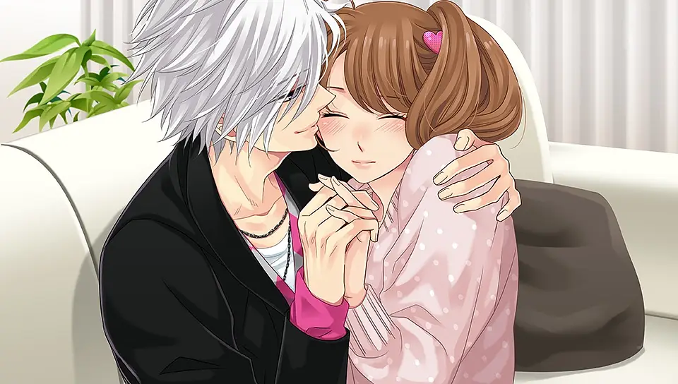 Tsubaki holding Ema on the couch as he kisses her on the cheek.