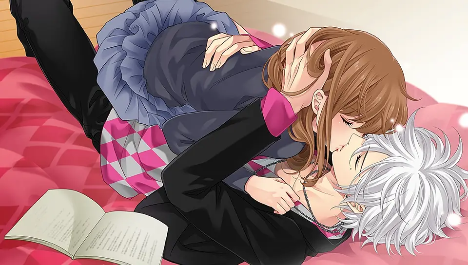 Ema and Tsubaki kissing on his bed.