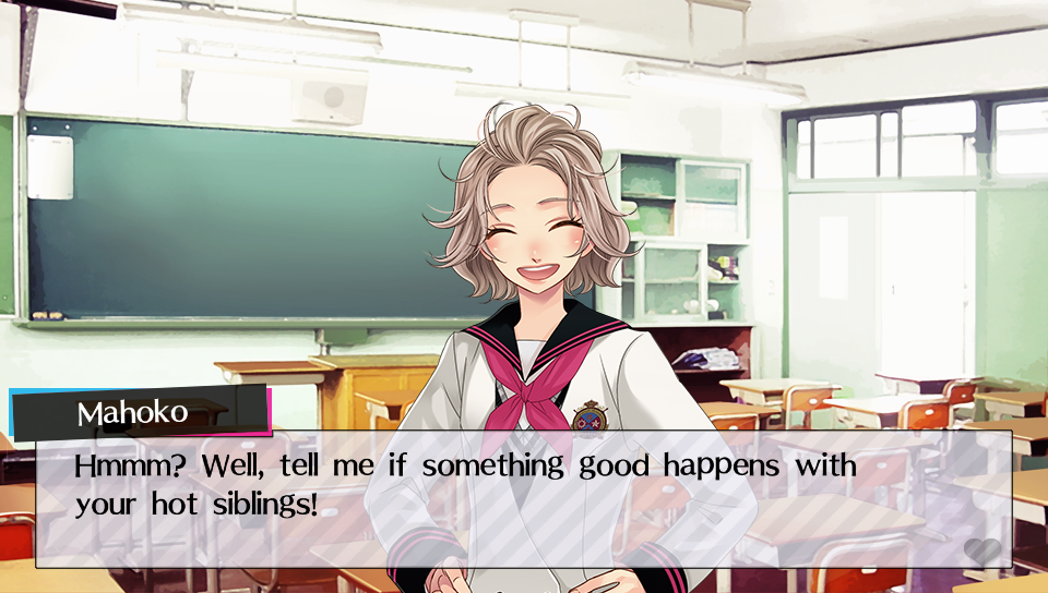 In-game screenshot of Brothers Conflict with the test "Hmm? Well, tell me if something good happens with your hot siblings!" spoken by the character Mahoko.