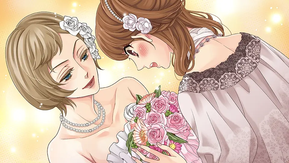 CG image of Ema's step mother handing her the bouquet at her wedding in Brothers Conflict.