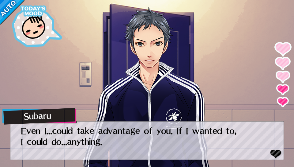 In-game screenshot of Brothers Conflict with Subaru saying "Even I... could take advantage of you. If I wanted to I could do... anything."