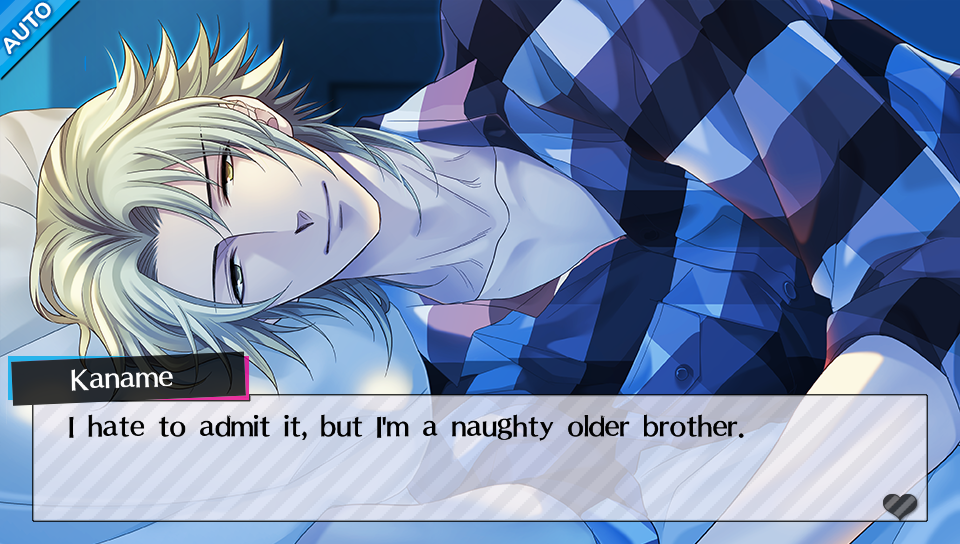 Kaname Asahina laying on a bed with the text "I hate to admit it, but I'm a naughty older brother." in the textbox.