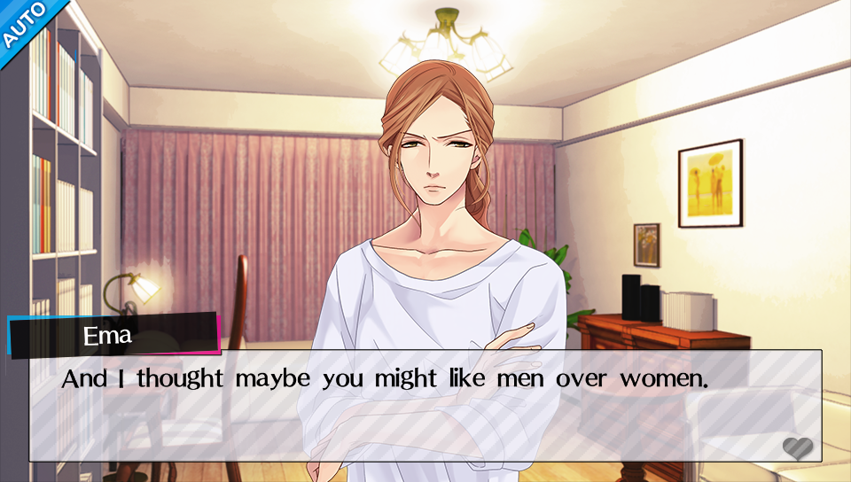 Sprite of Hikaru from Brothers Conflict looking grumpy with text saying "And I thought maybe you might like men over women."