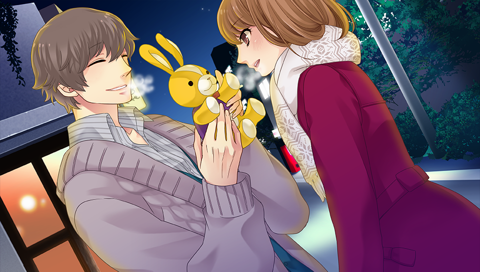 Masaomi giving Ema a Christmas Gift, a yellow stuffed rabbit.