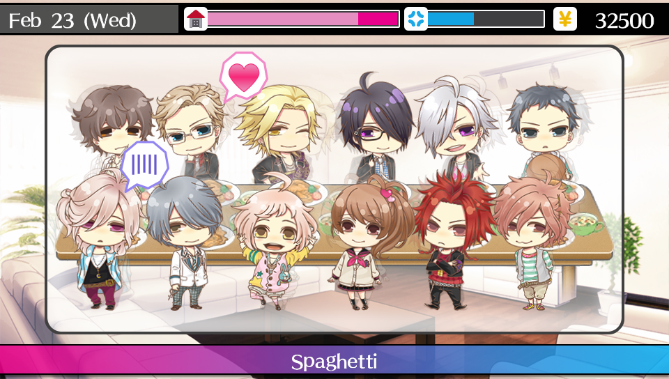 Gameplay scene in Brothers Conflict with the family shown as small chibis eating at home.