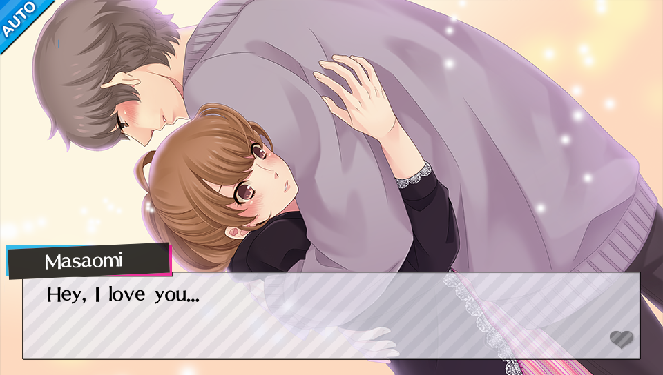 Ema and Masaomi embracing. Masaomi is much taller than Ema and the text "Hey, I love you..." is at the bottom.