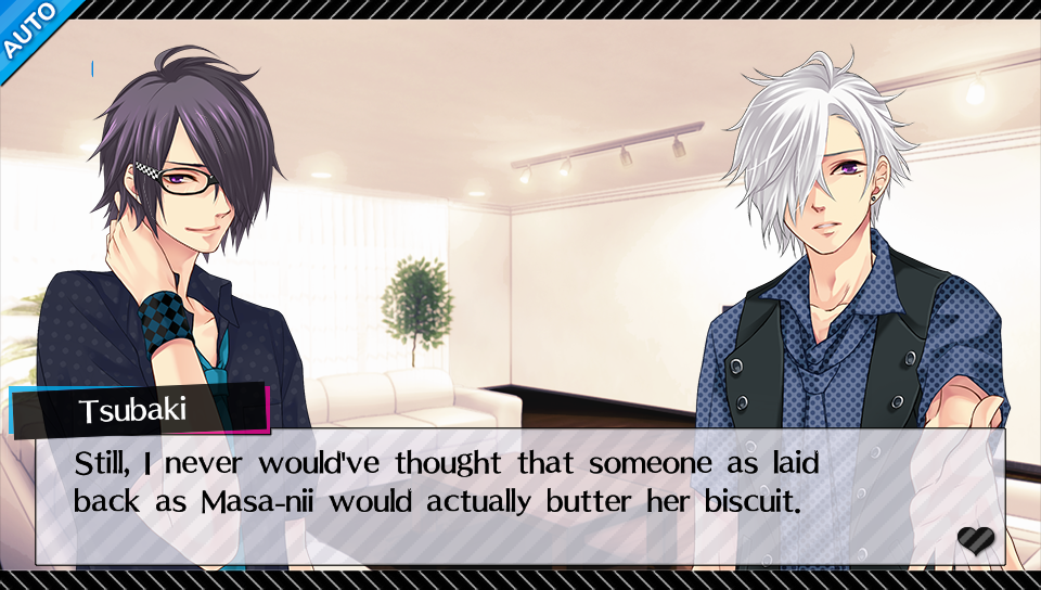 Twins Tsubaki and Azusa Asahina from Brothers Conflict making a lewd comment about Ema's pregnancy, "Still, I never would've thought that someone as laid back as Masa-nii would actually butter her biscuit.