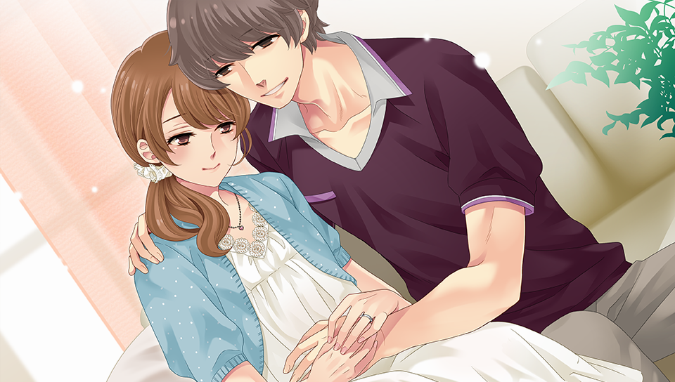 Masaomi with his arm around Ema who is visibly pregnant. Their hands are on her stomach.