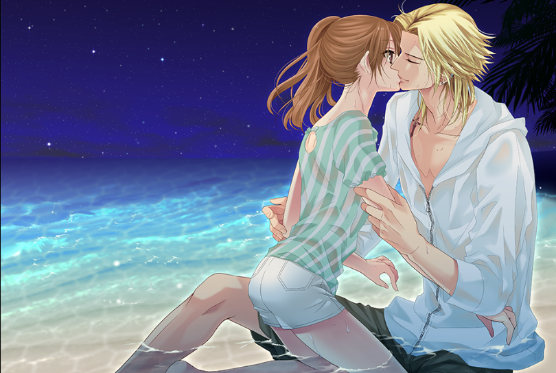 CG image of Kaname pulling Ema into a kiss while they sit in shallow water.