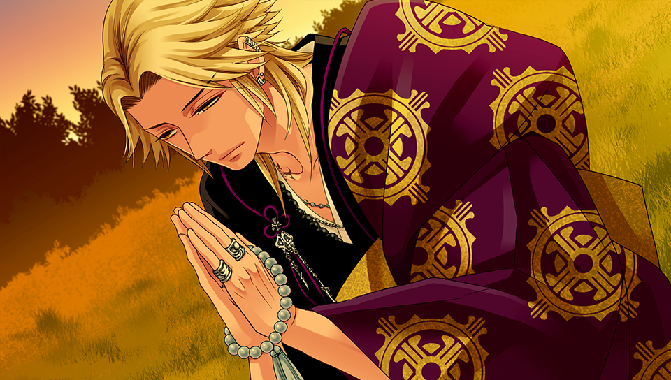 Kaname dressed in his Buddhist Monk attire, praying.