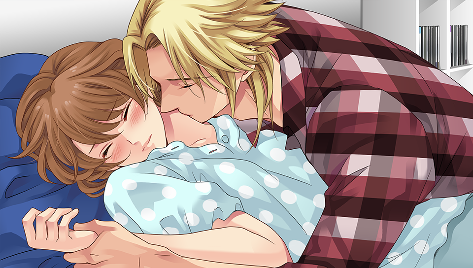 CG image ofKaname kissing Ema's neck on his bed, with Ema visibly blushing.