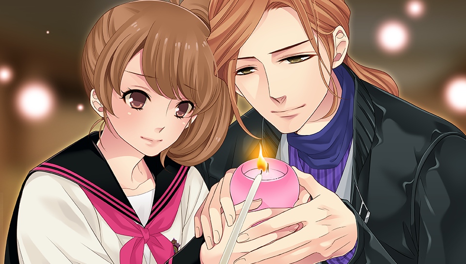 Ema and Hikaru, who is dressed in men's clothing, lighting a pink candle, both are smiling.