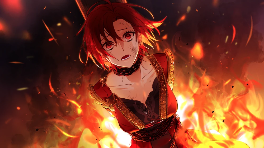 Anastasia Lynzel from even if TEMPEST bound and surrounded by fire, being burned at the stake.