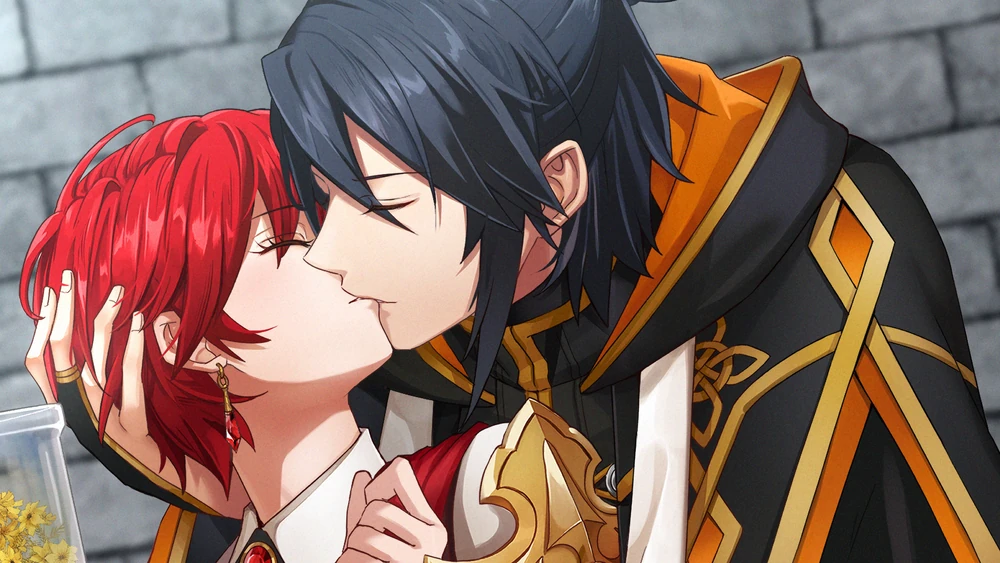 Tyril with his hand on the back of Anastasia's head, pulling her in for a kiss.