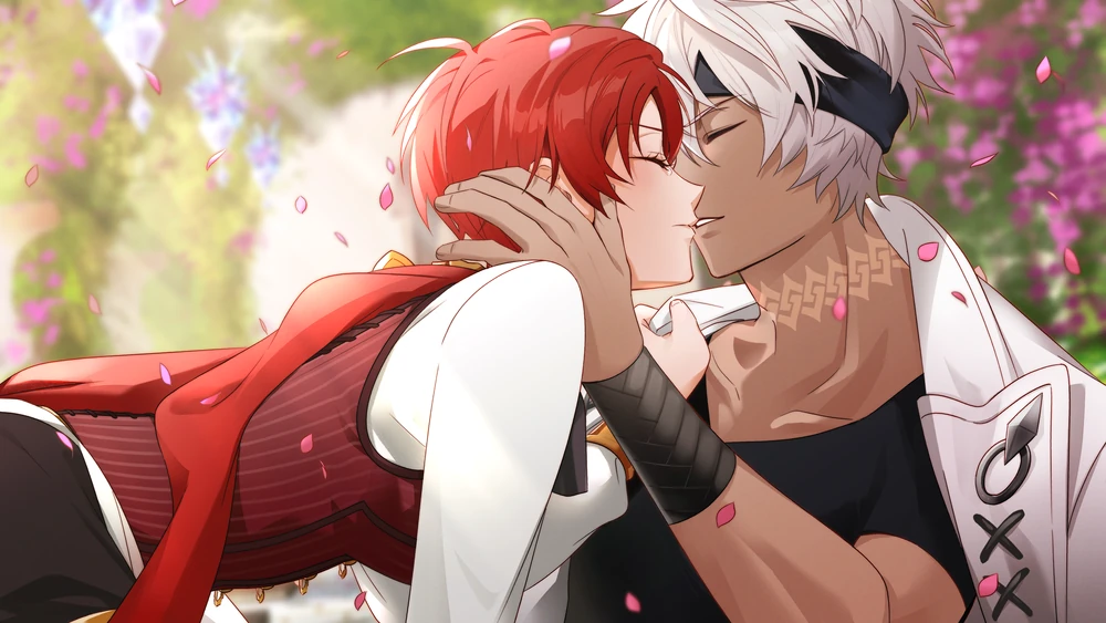 Anastasia on top of Zenn, timidly kissing him.