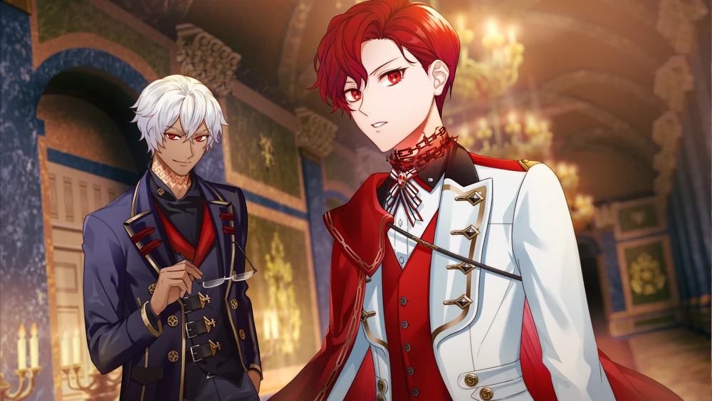 Zenn and Anastasia dressed in formal attire, with Anastasia in a traditionally masculine outfit.
