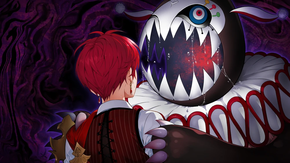 A large jester-like creature with a gaping mouth full of sharp teeth preparing to bite Anastasia from even if TEMPEST.