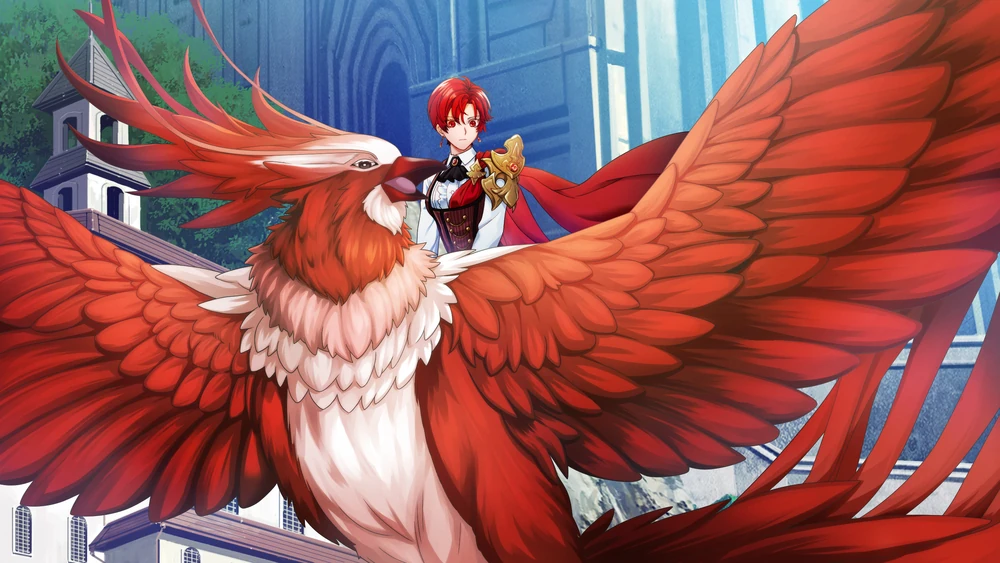 Anastasia on the back of a giant red bird that is flying through the sky.