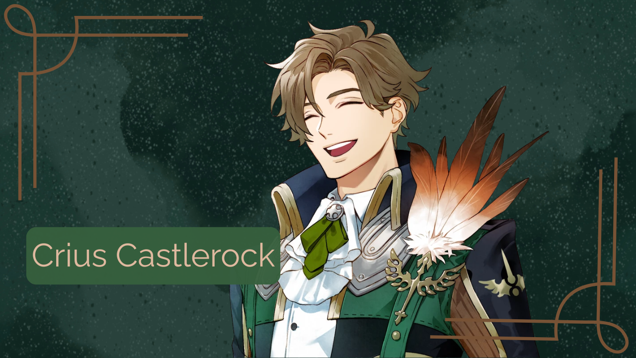 A smiling sprite of Crius Castlerock from even if TEMPEST with a green background and a name plate.