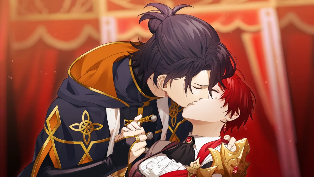 Tyril holding Anastasia's hand as he holds her up and kisses her.