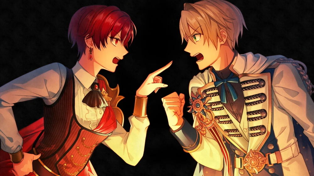 Anastasia and Lucien from even if TEMPEST arguing, looking very angry against a black background.