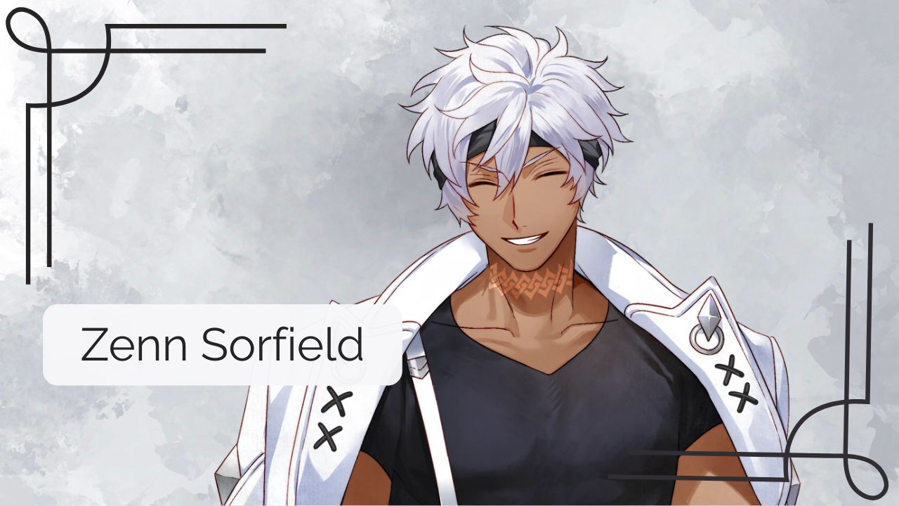 A smiling sprite of Zenn Sorfield from even if TEMPEST on a gray background.