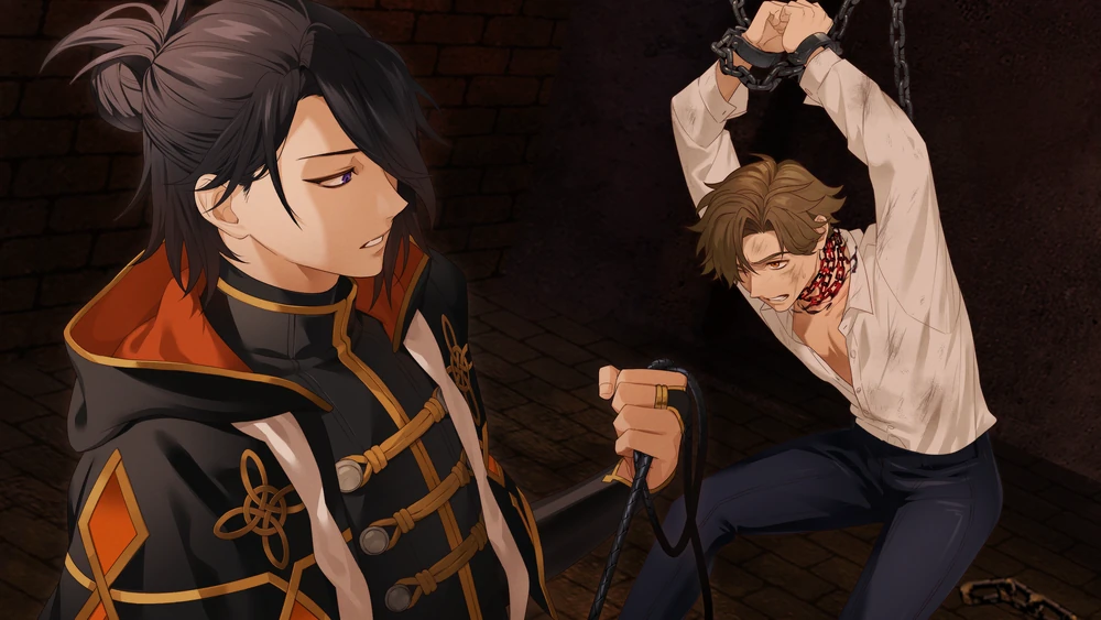 Tyril from even if TEMPEST gripping a whip and looking threateningly at Crius, who is chained up.