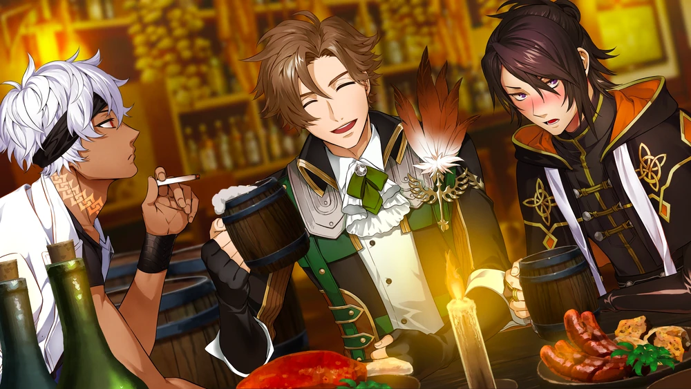 Trio of characters from even if TEMPEST sitting at a table drinking alcohol and eating. Zenn is on the right, smoking.