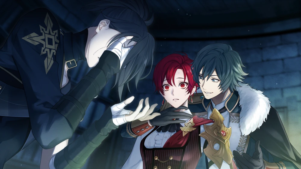 Tyril, deeply distraught with his face in his hands sits in front of Conrad and Anastasia. Conrad has his hand threateningly around Anastasia's neck.