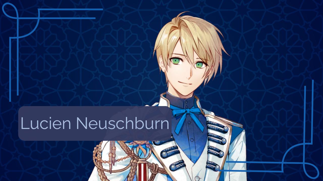 A smiling sprite of Lucien Neuschburn from even if TEMPEST with a blue background and name plate.